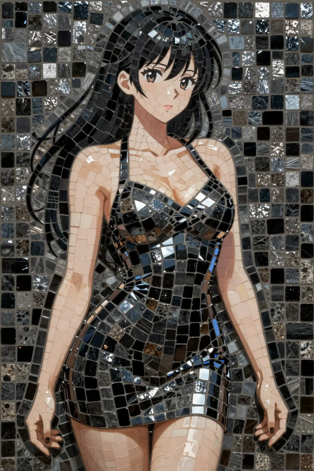 Mosaic portrait of an anime woman in a short dress
