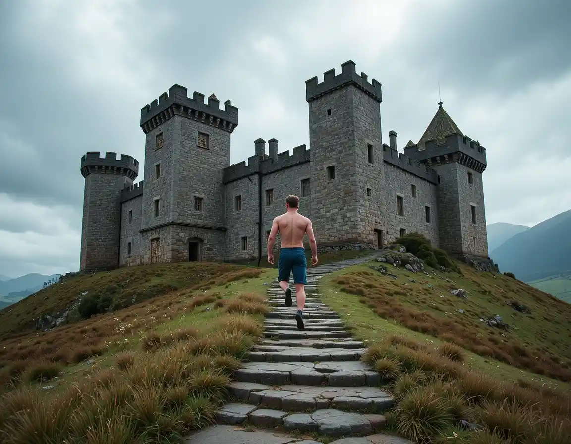 Athletic man jumping by medieval stone castle walls