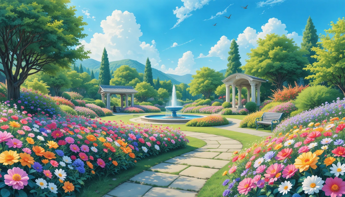 Serene flower garden with fountain and stone path