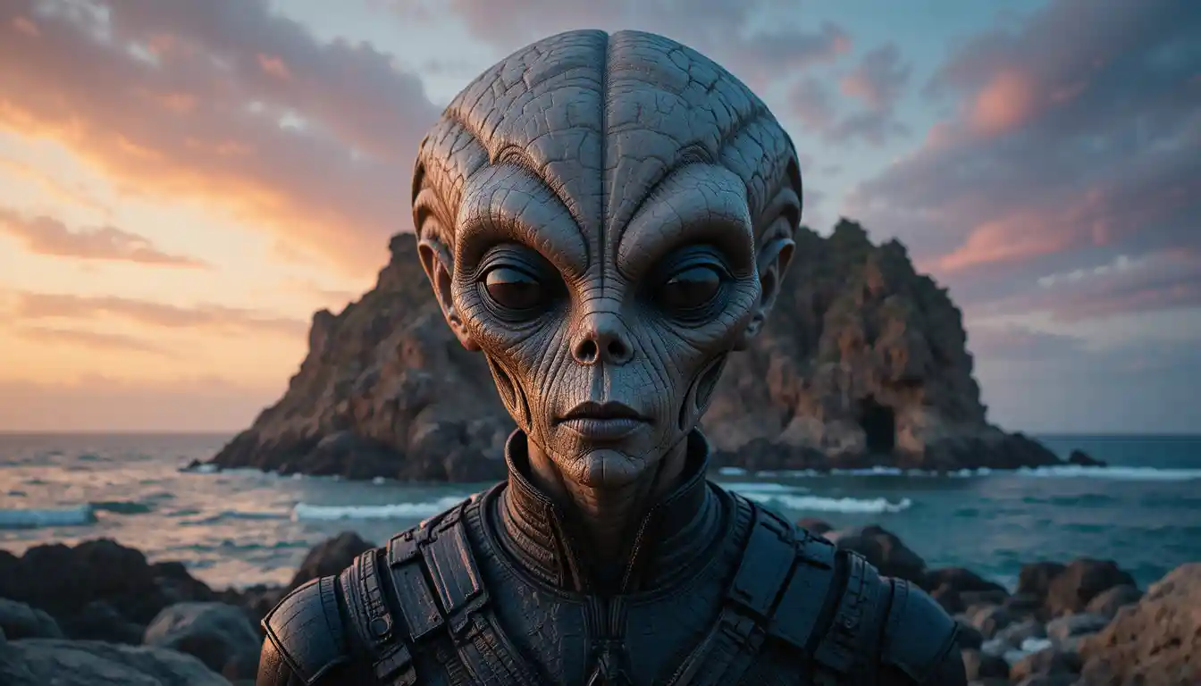 Cinematic close up portrait of an ancient humanoid alien