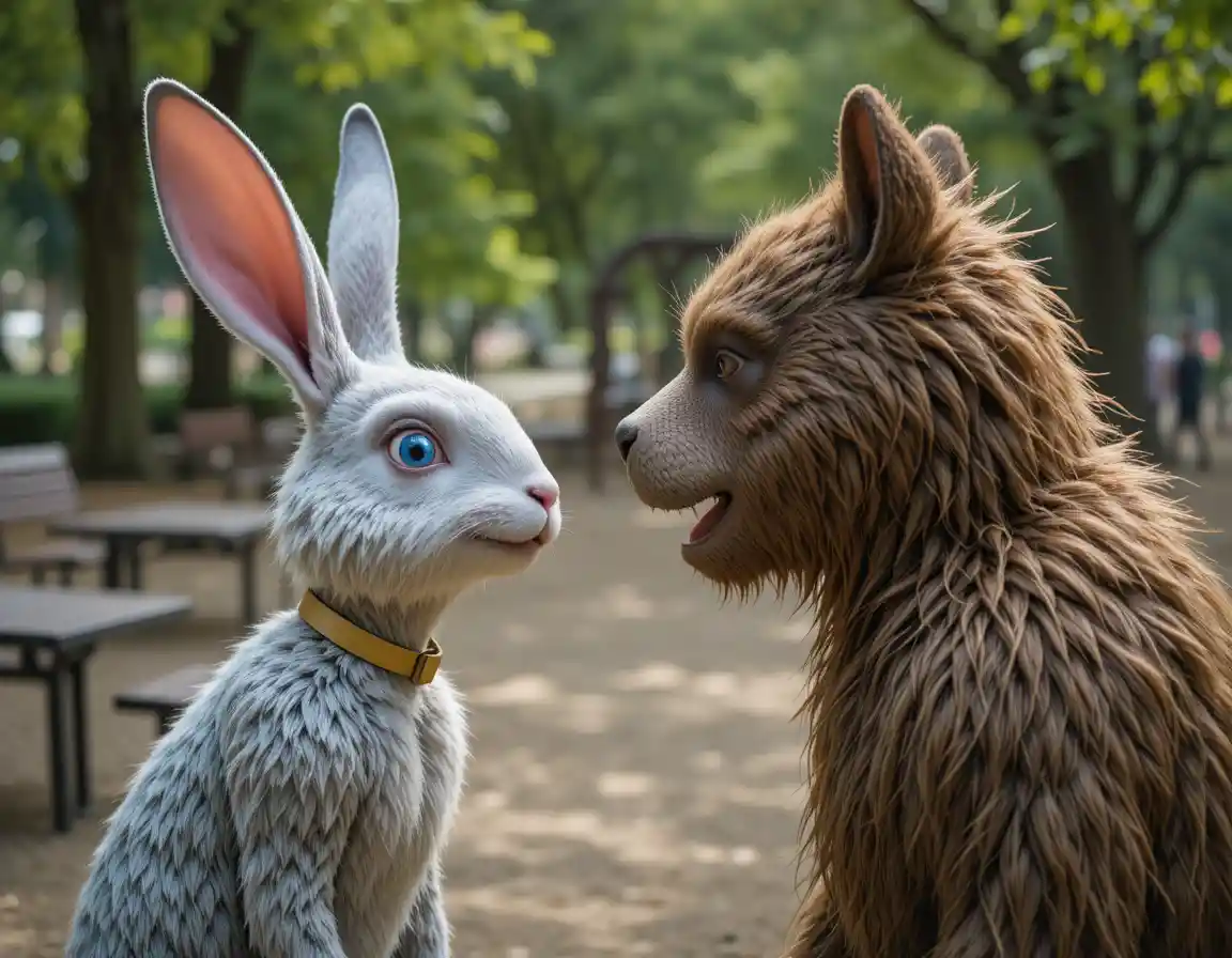 Friendly rabbit and bear characters meeting in a sunny park