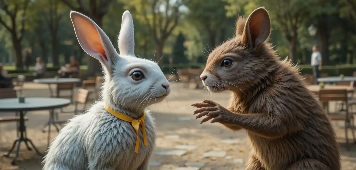 Curious rabbit and bear characters meeting in a sunny park