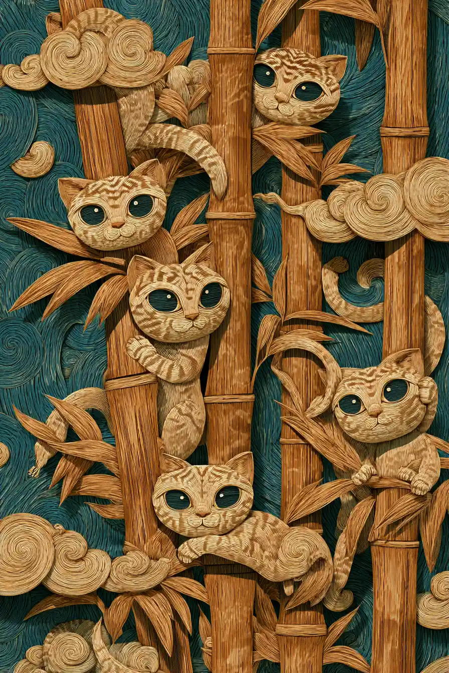 Intricate Wood Carved Cats In Bamboo Forest Scene