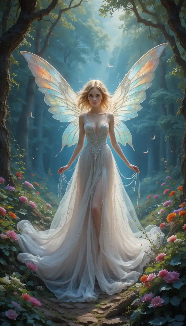Ethereal fairy woman in flowing gown within lush forest