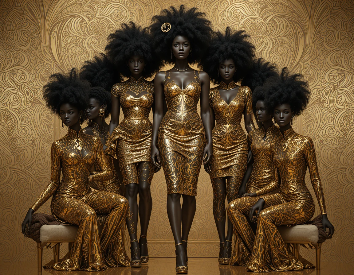 Black fashion models on golden runway in elegant outfits