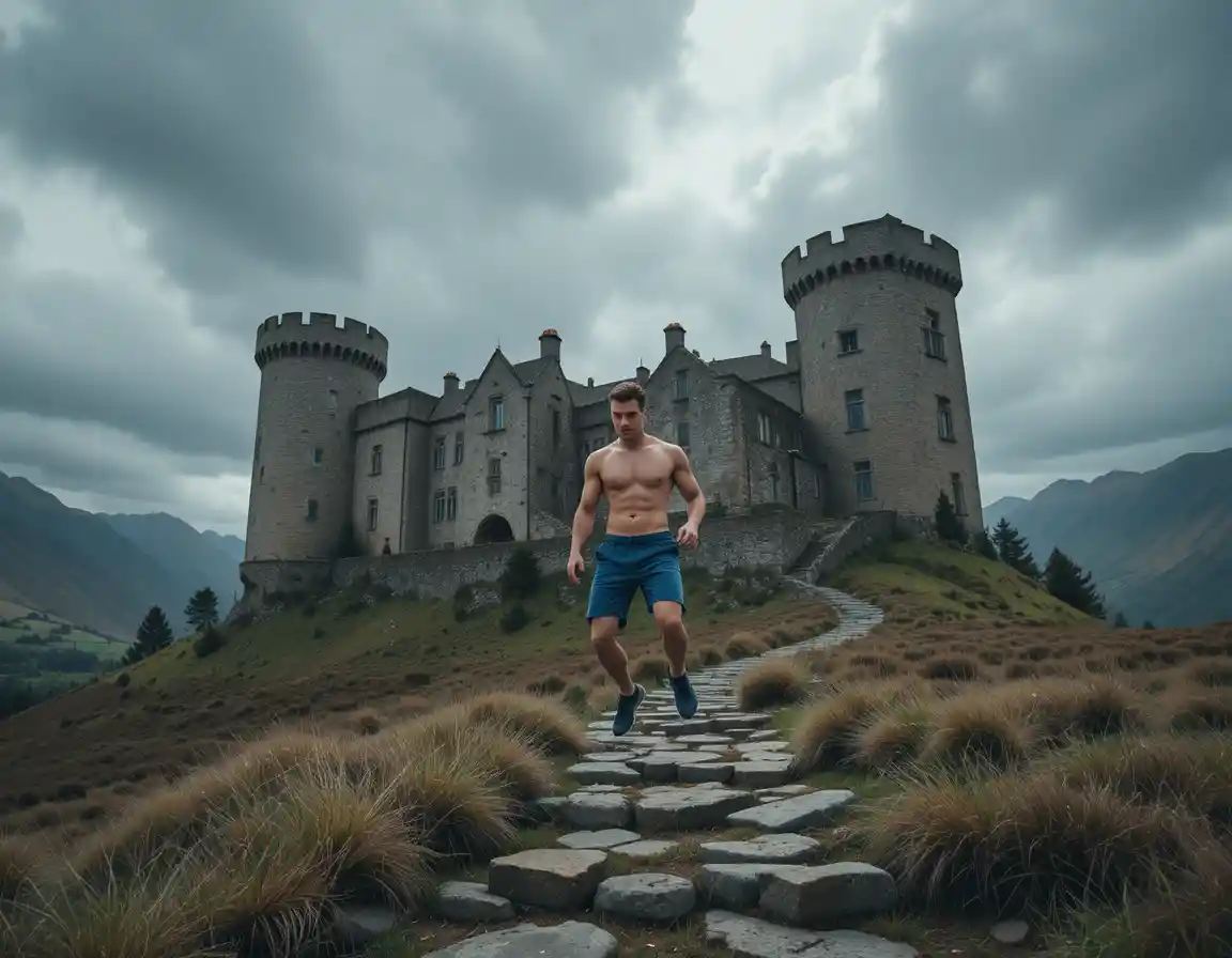 Athletic man jumping by medieval stone castle walls