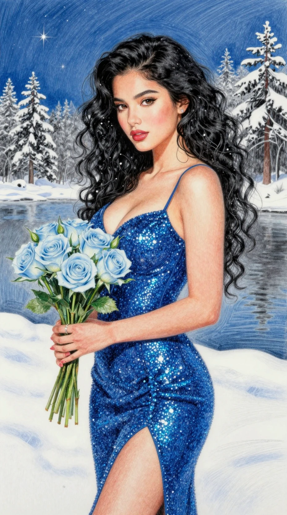 Elegant woman with blue flowers in snowy winter night
