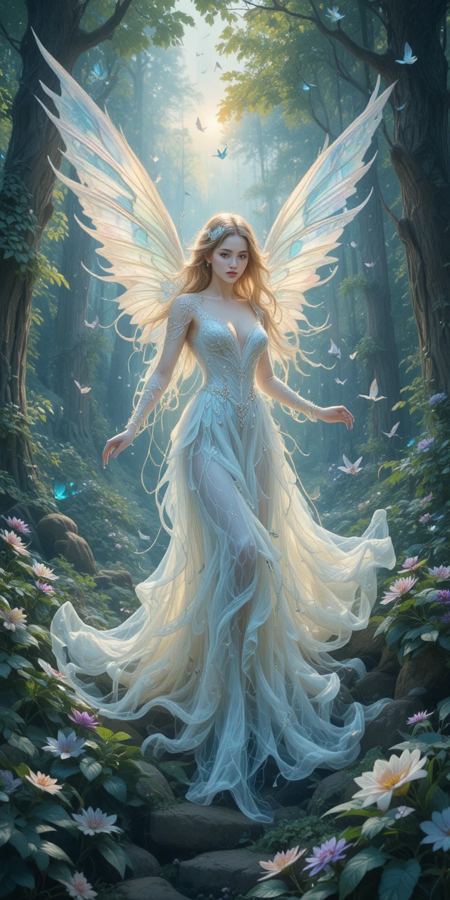 Ethereal Fairy With Iridescent Wings In A Lush Forest