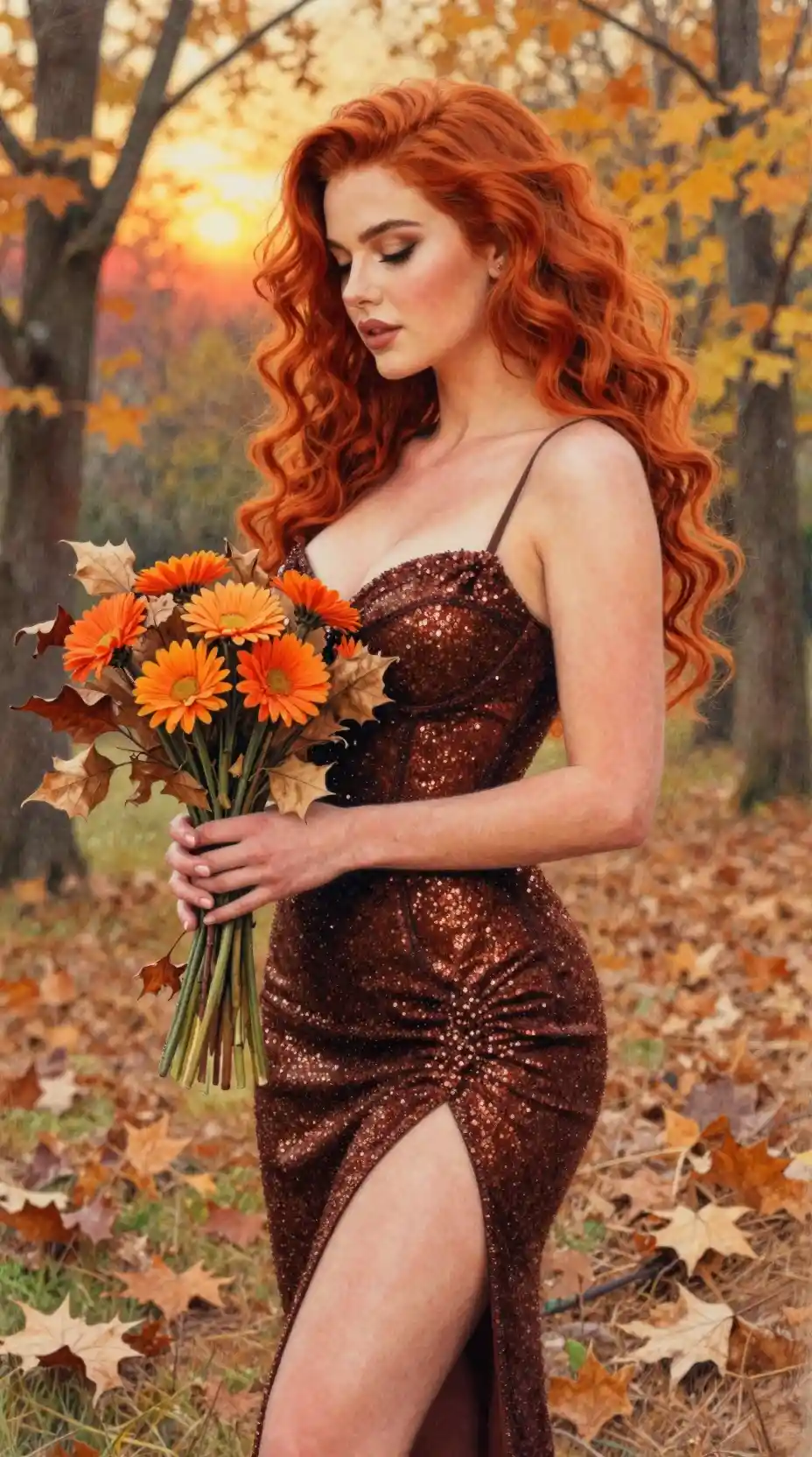 Curvy red haired woman in glitter dress holding fall bouquet