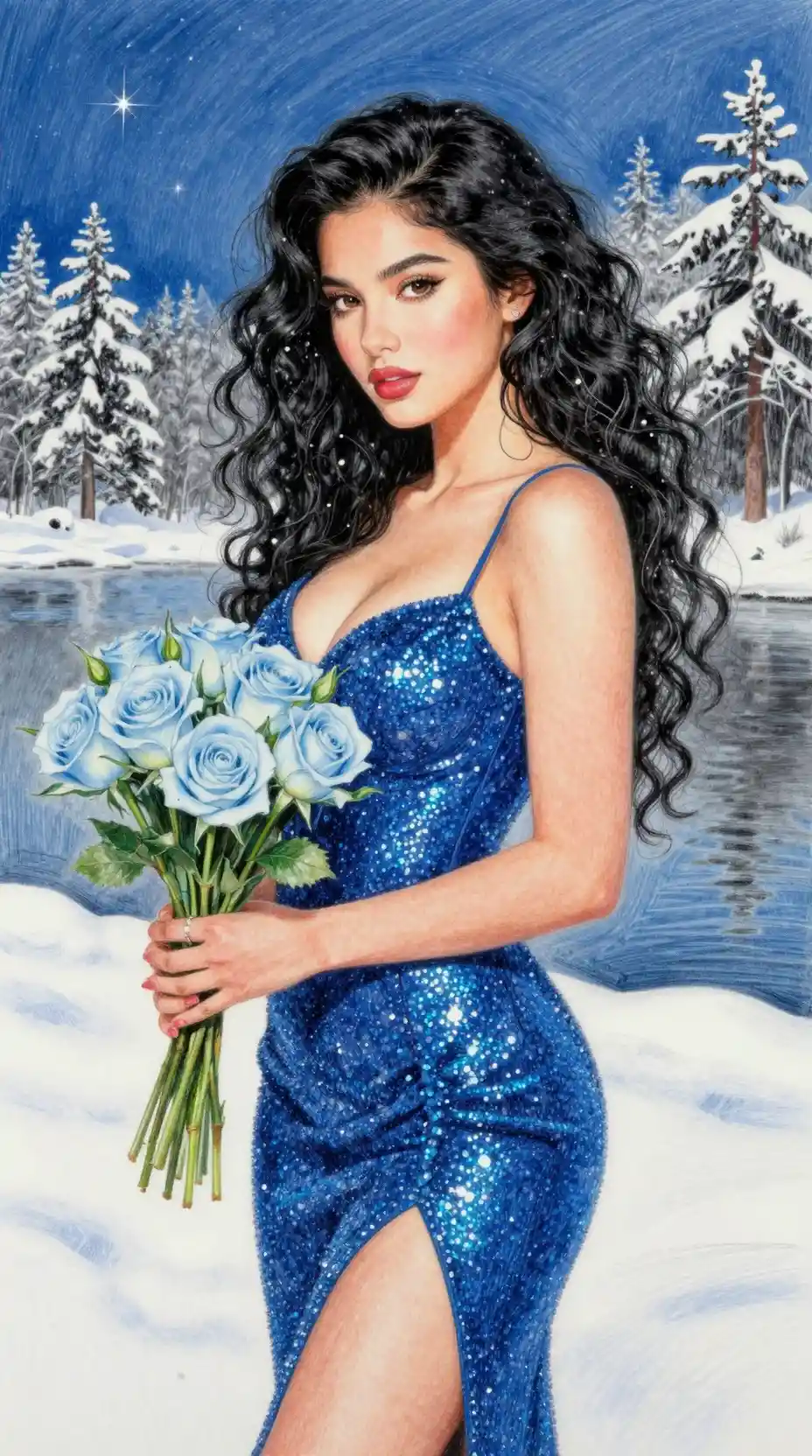 Elegant woman with blue flowers in snowy winter night