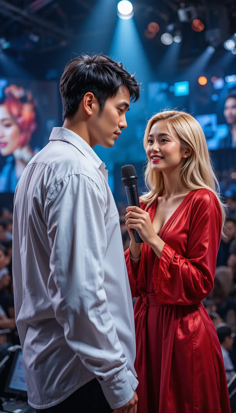 Blonde reporter interviewing man under bright studio lights