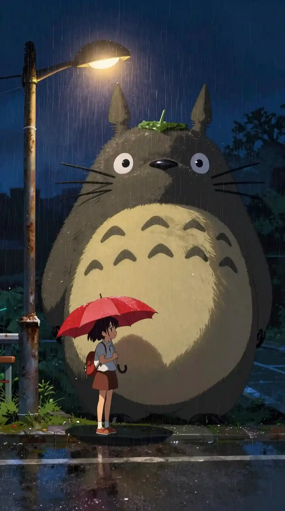 Anime girl with red umbrella beside creature at night bus stop