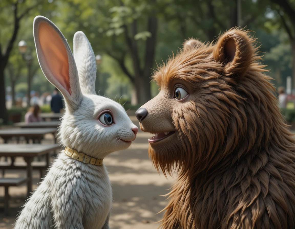 Anthropomorphic rabbit and bear interacting in a sunny park