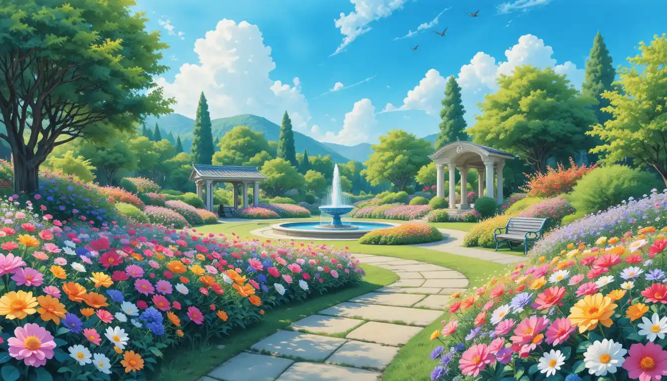 Serene flower garden with fountain and stone path
