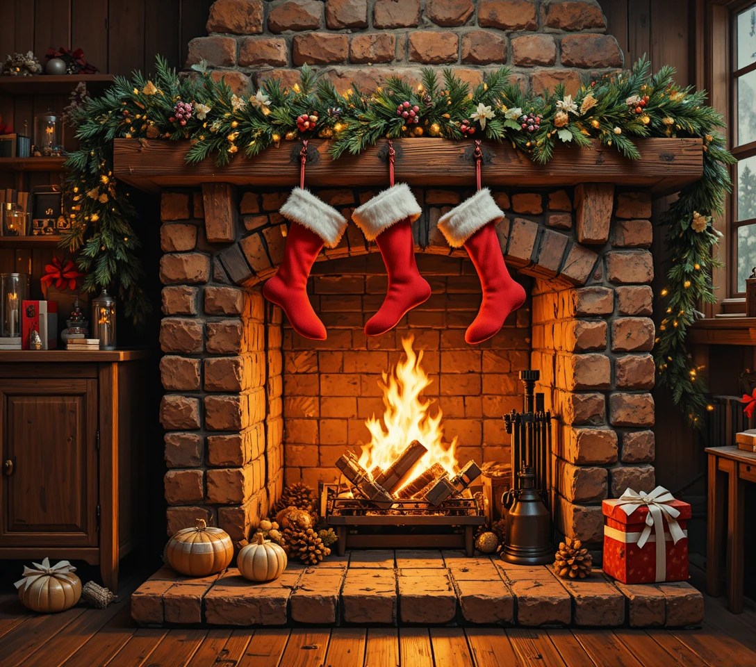 Gemütlicher Steinkamin mit festlichen Weihnachtsstrümpfen und Girlanden
