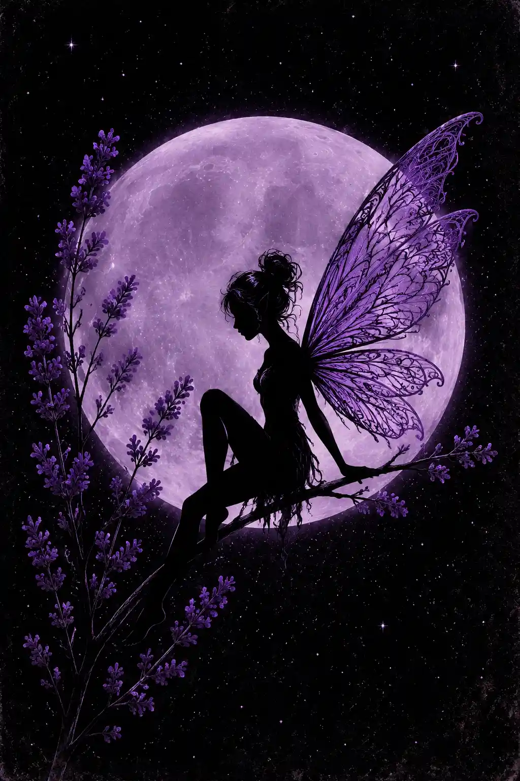 Fata in silhouette su un ramo fiorito davanti a una luna color lavanda