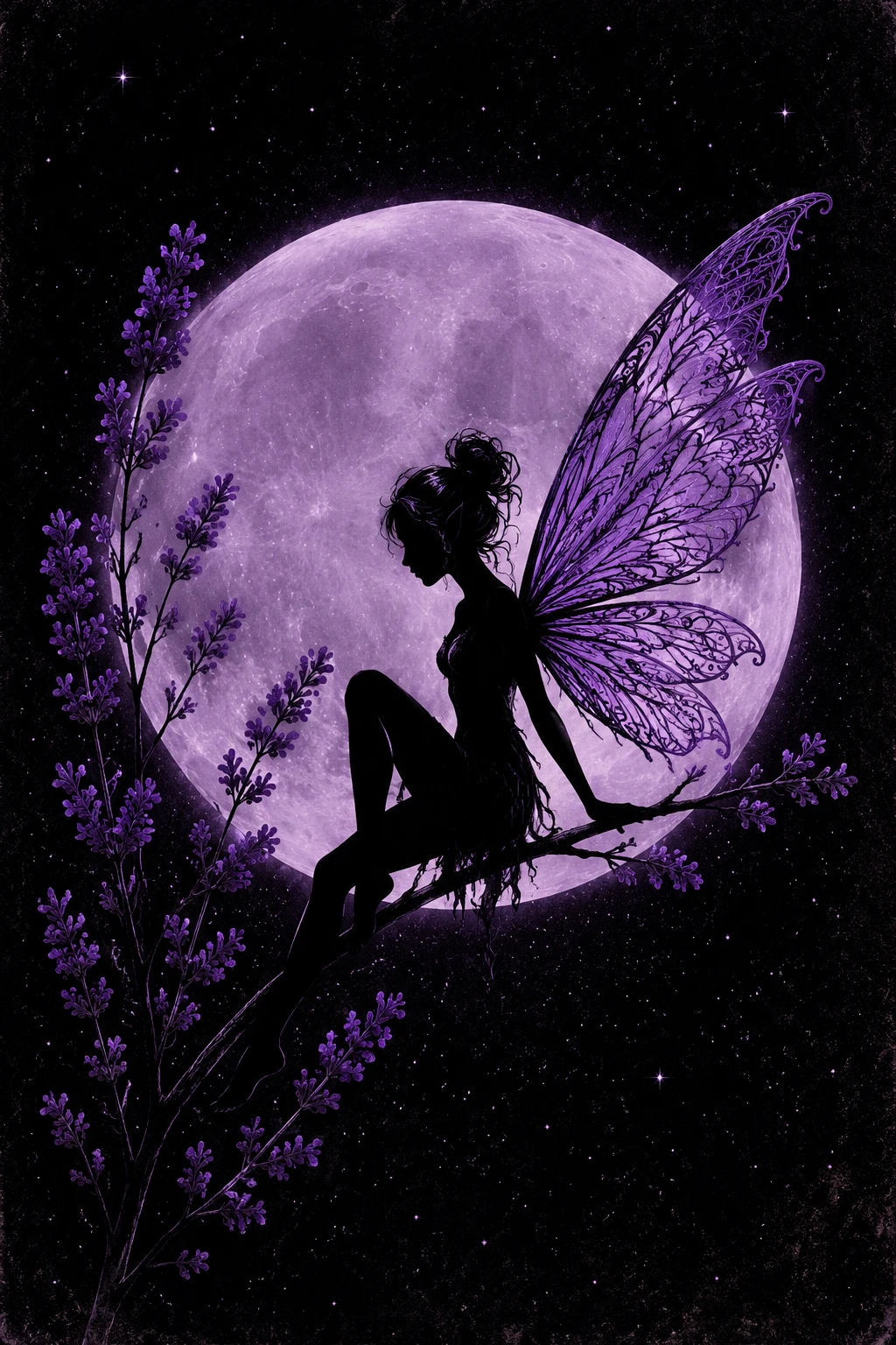 Silhouetted fairy on a flowering branch before a lavender moon