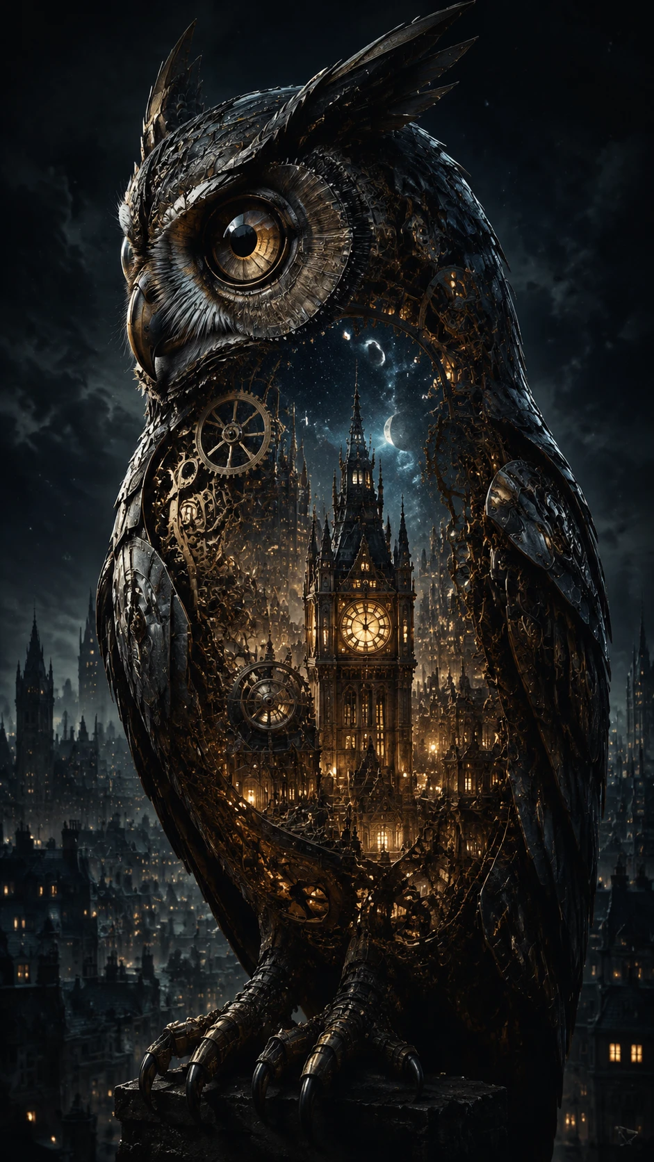 Mechanical owl merged with a dark glowing city clocktower