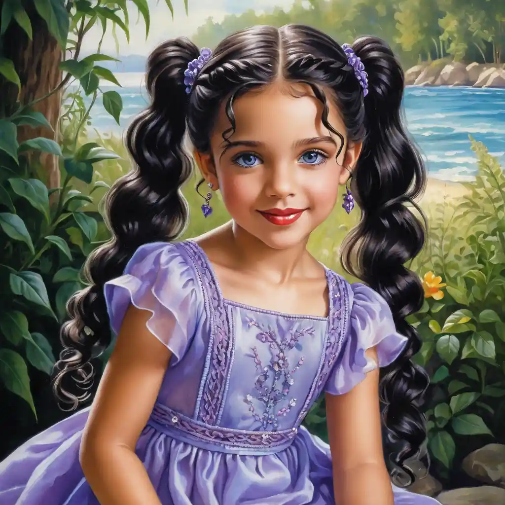 Smiling girl with long curly hair in lavender summer dress