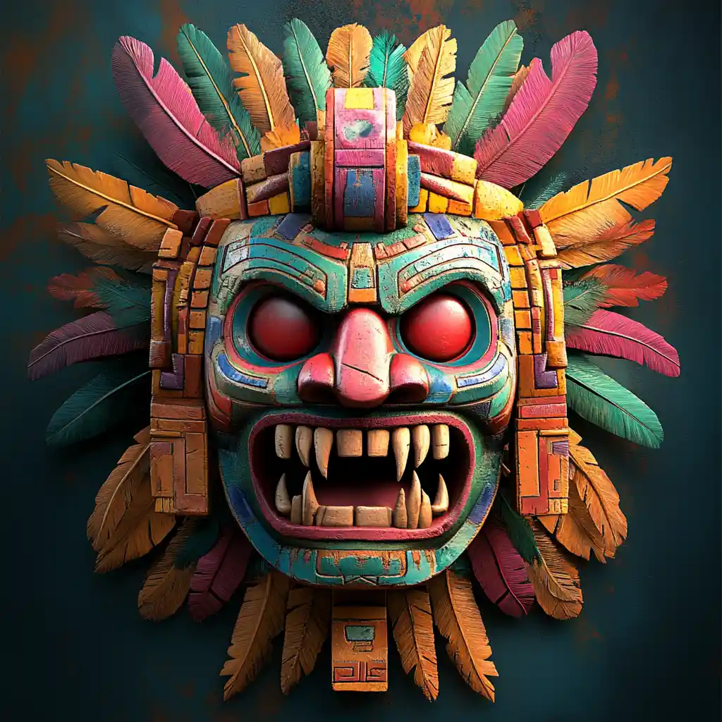 Colorful 3D Aztec mask with demonic red eyes and feathers