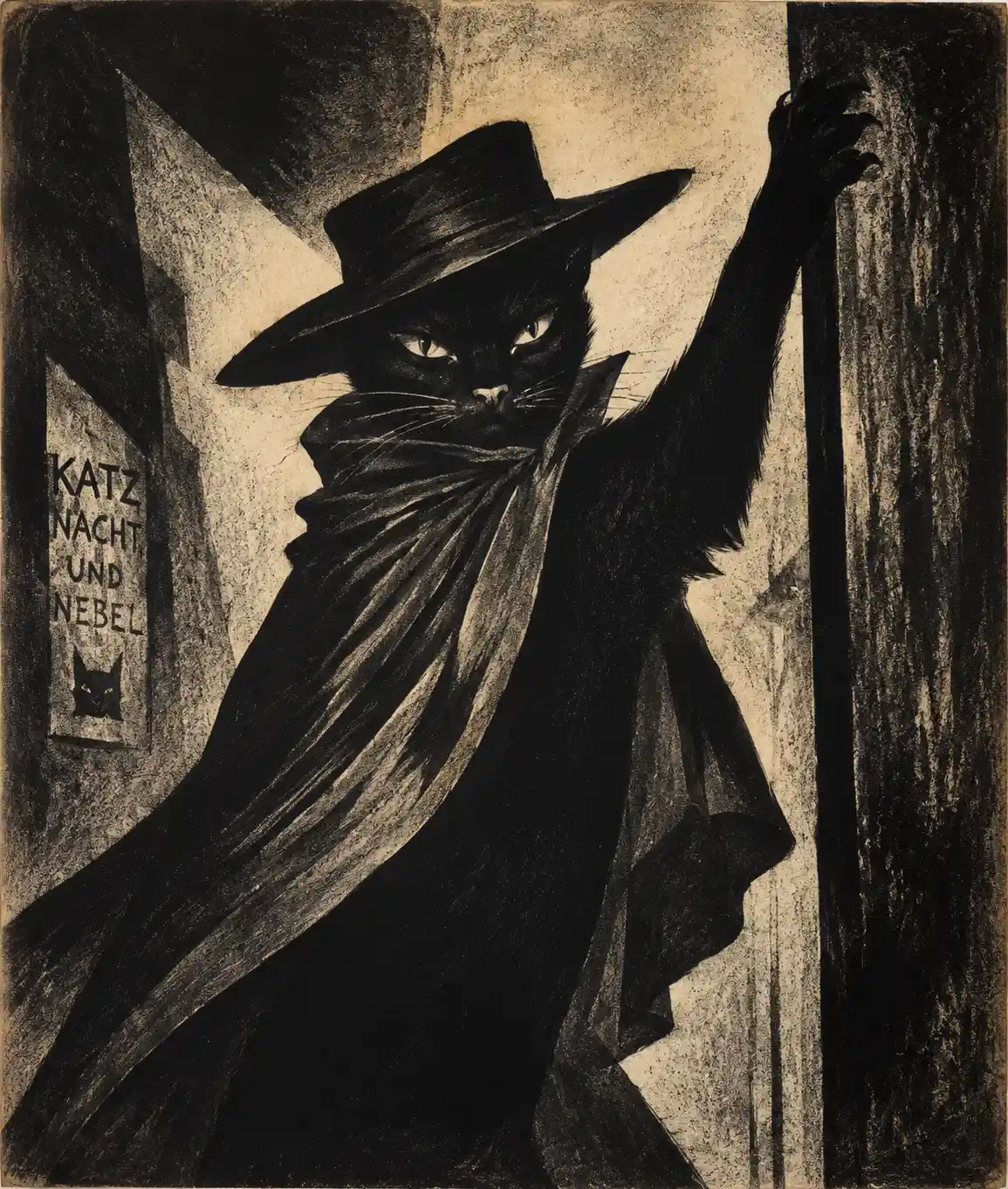 Expressionist black cat in hat and cloak lithograph portrait
