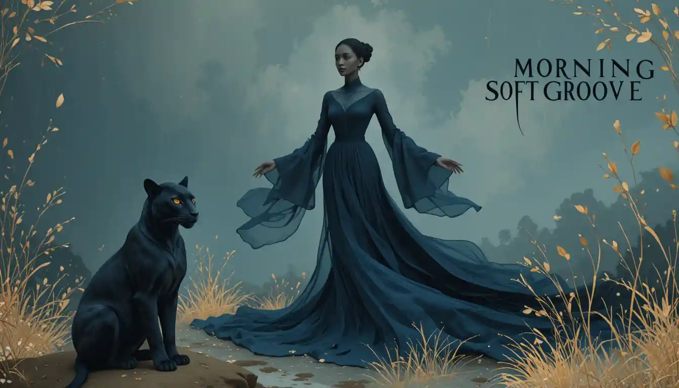 Mystical black panther and regal woman in midnight blue