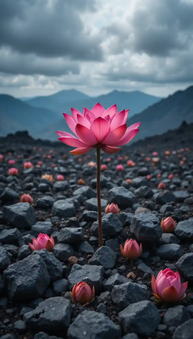 Pink lotus blooming among dark volcanic rocks and clouds