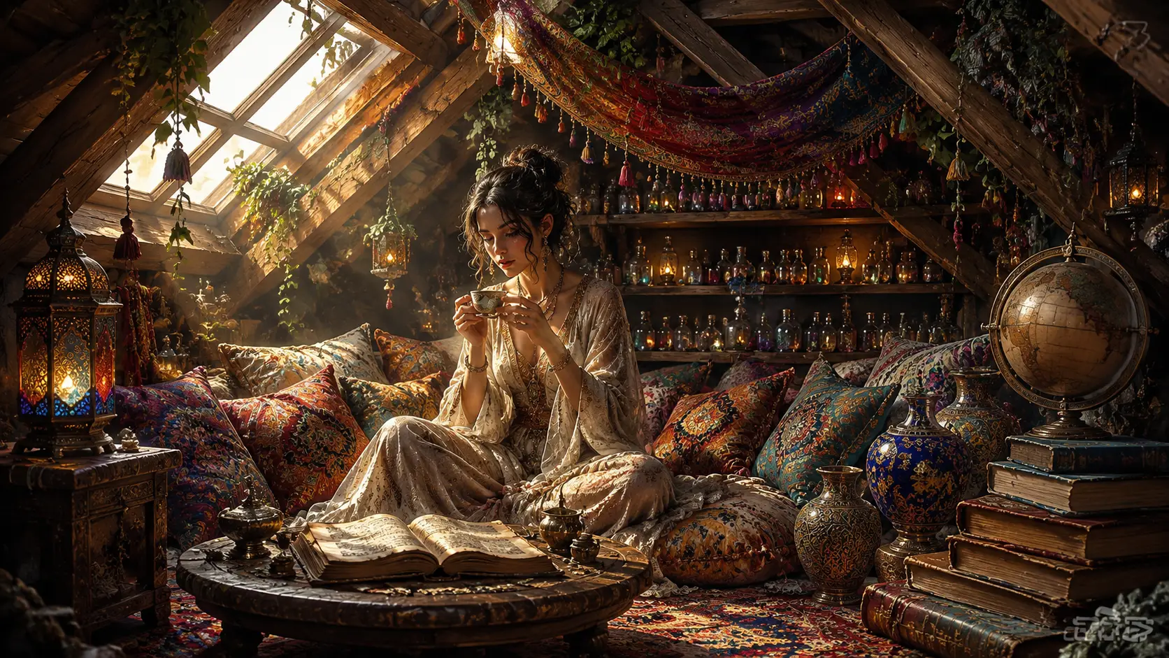 Woman drinking tea on cushions in a cozy attic room