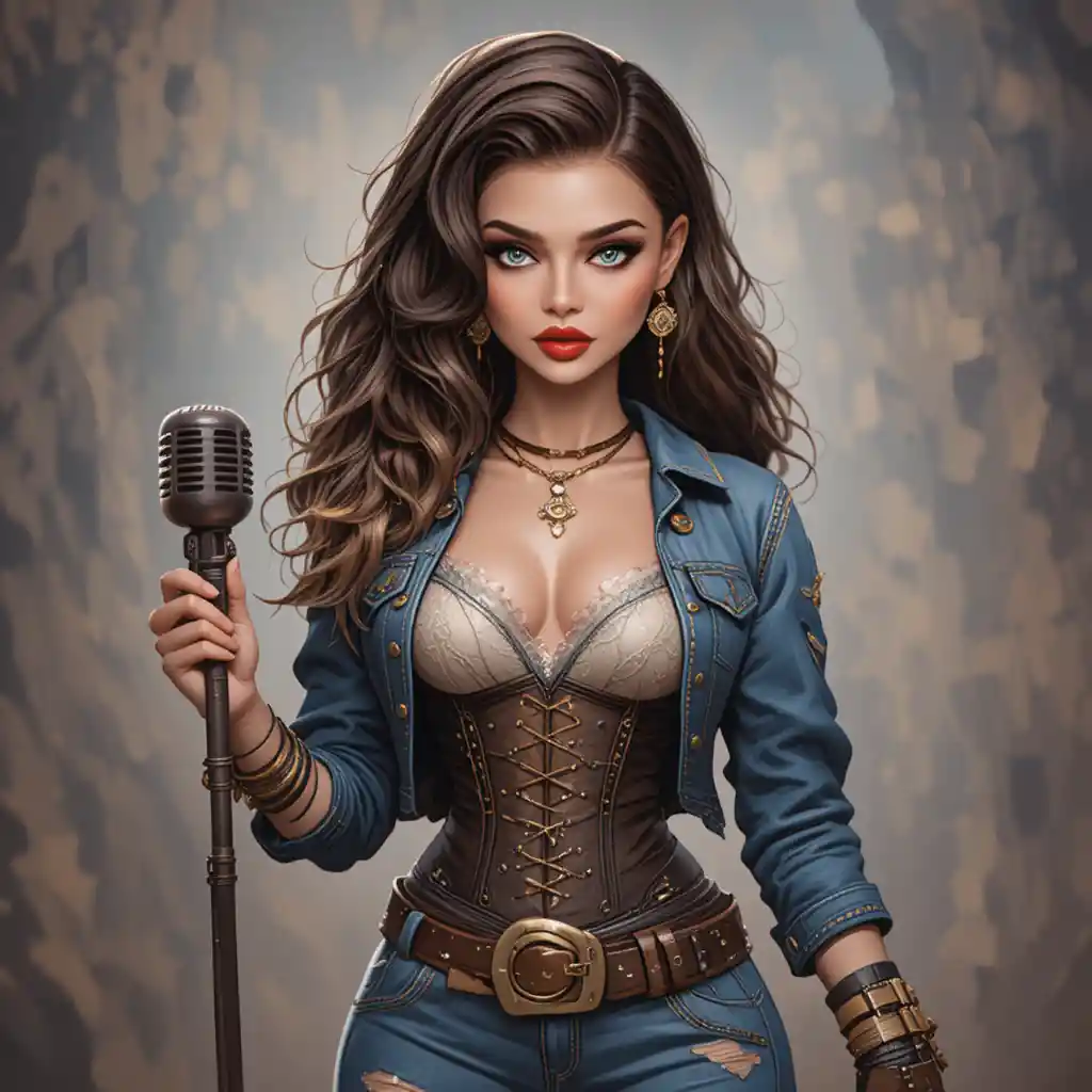 Blonde woman in ripped denim and corset singing on stage