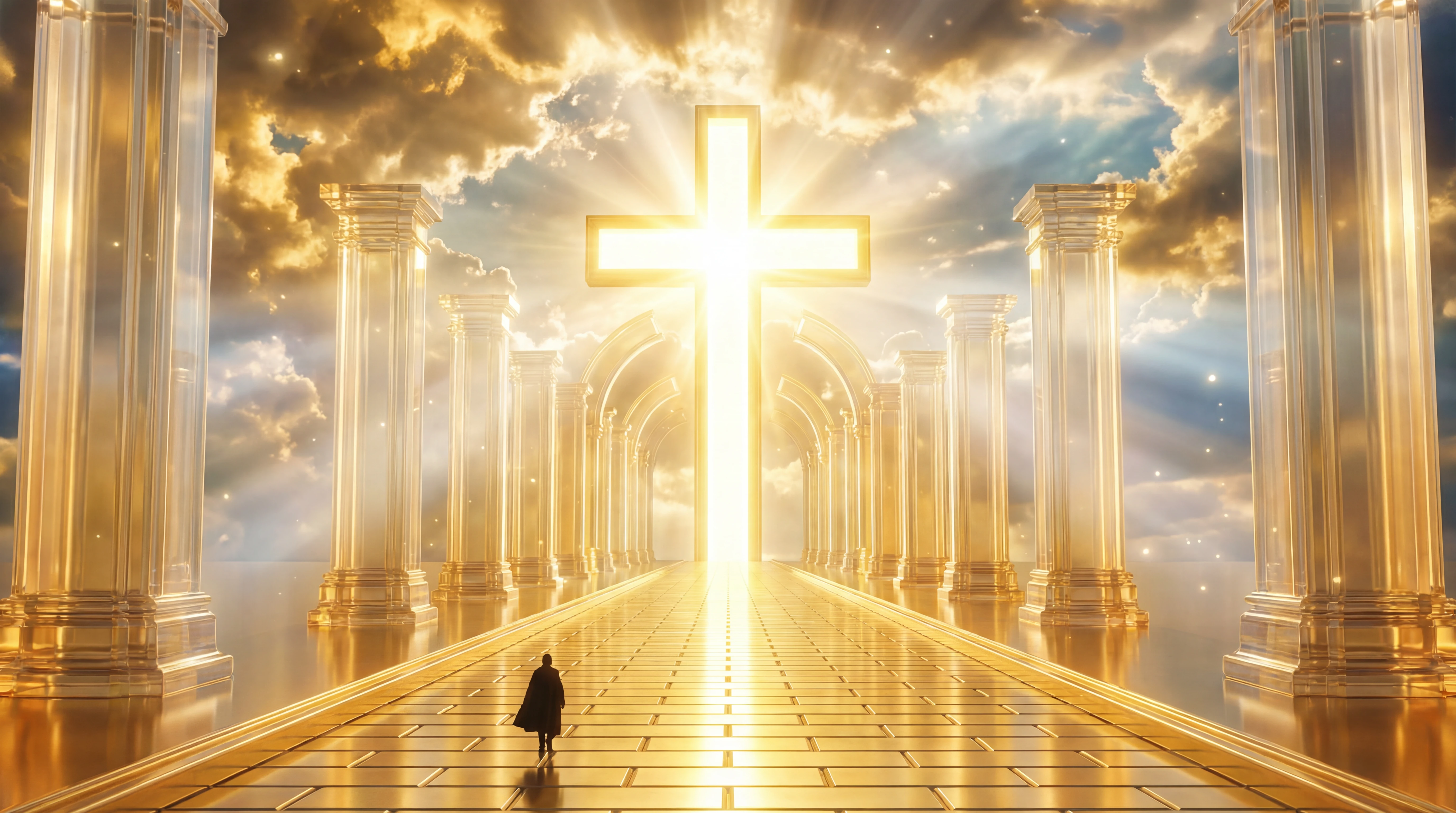 Goldene Straße, die zu einem strahlenden Kreuz im Himmel führt
