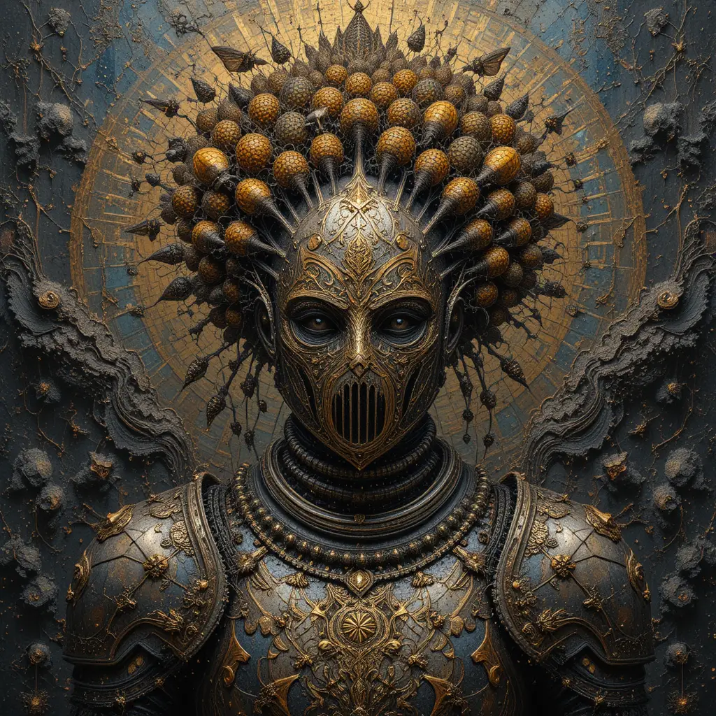 Armadura de caballero coronada con colmenas en mosaico abstracto