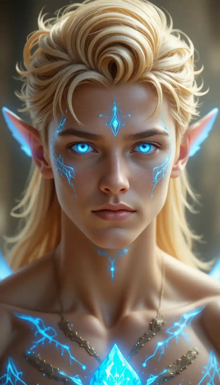 Young angelic warrior with glowing blue eyes and wings