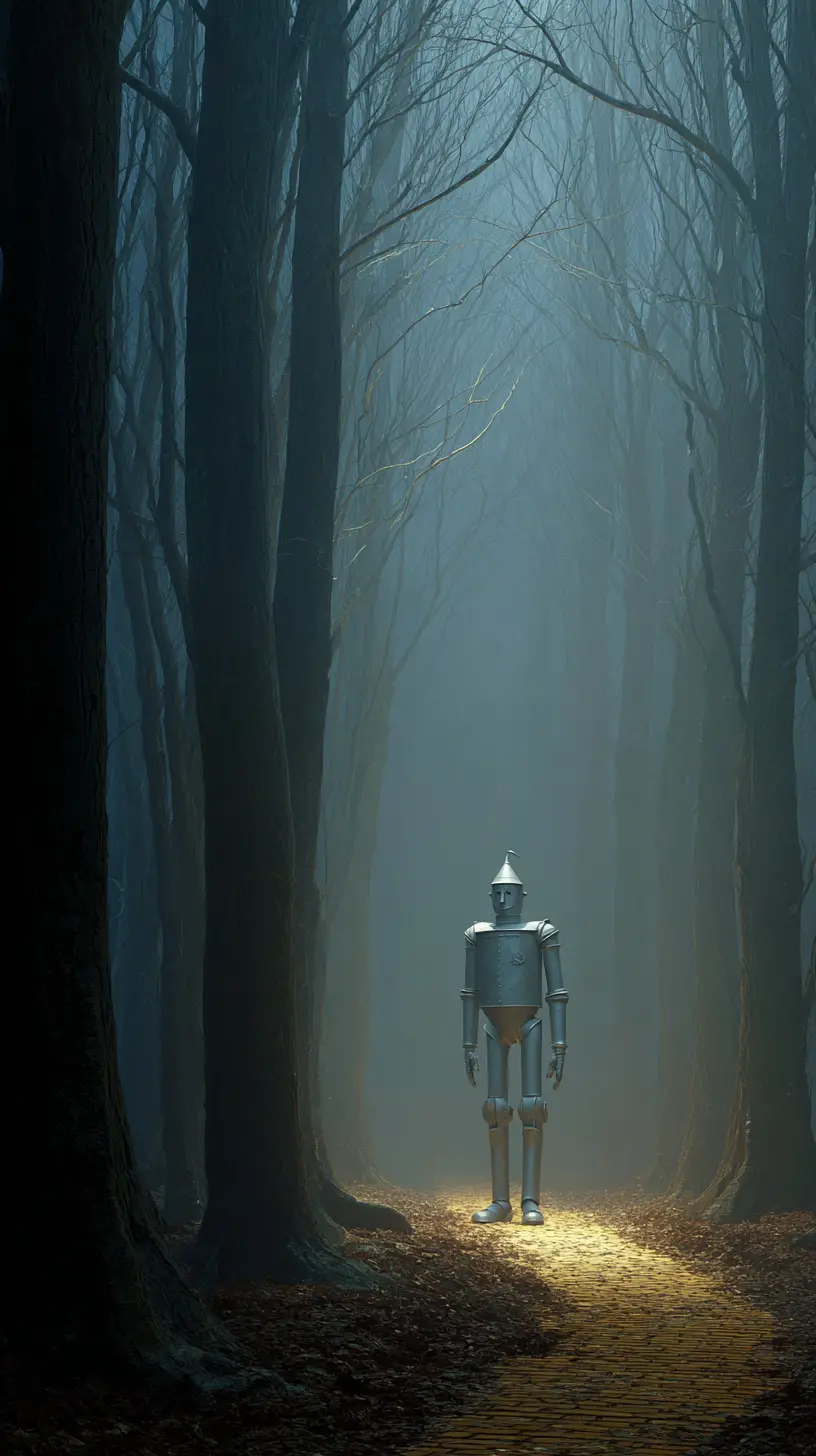 Tin Man Standing On A Fading Road In Mystic Forest