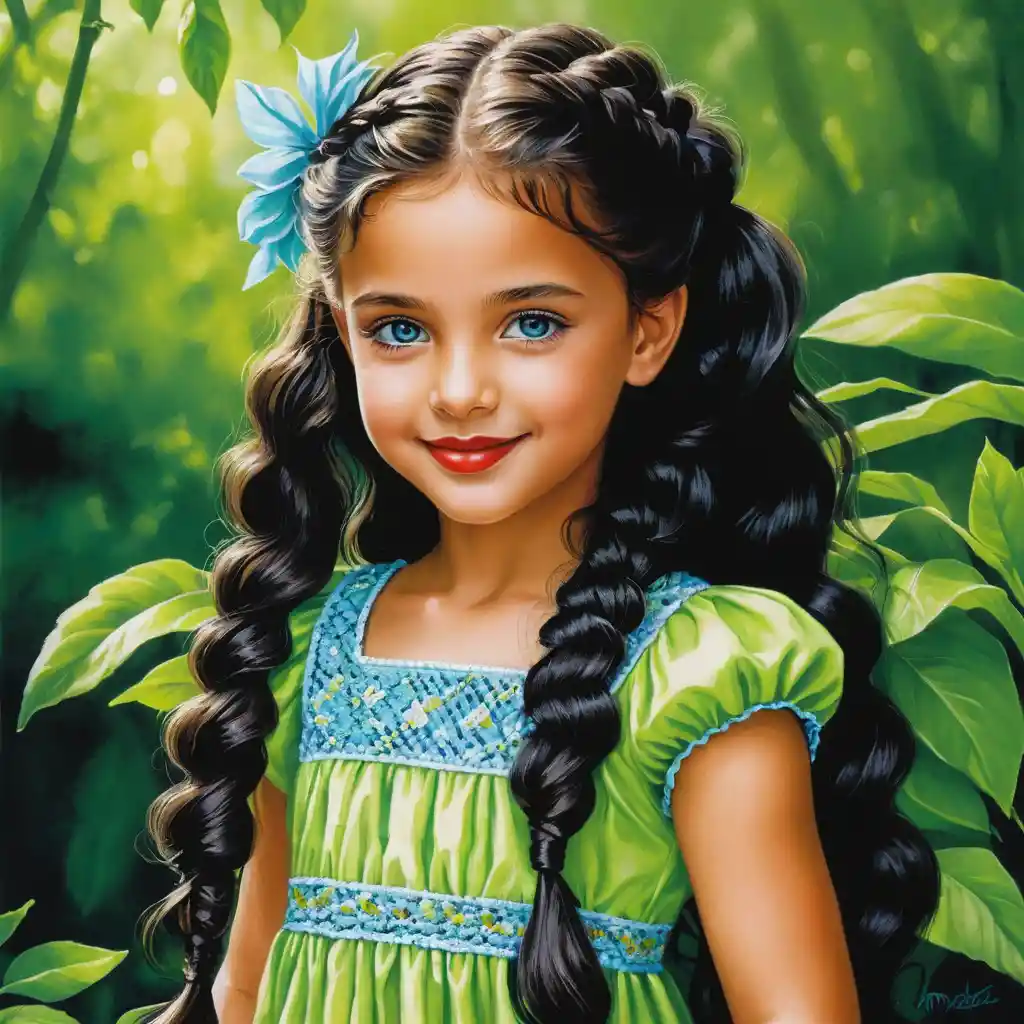 Smiling girl with long curly hair in green summer dress