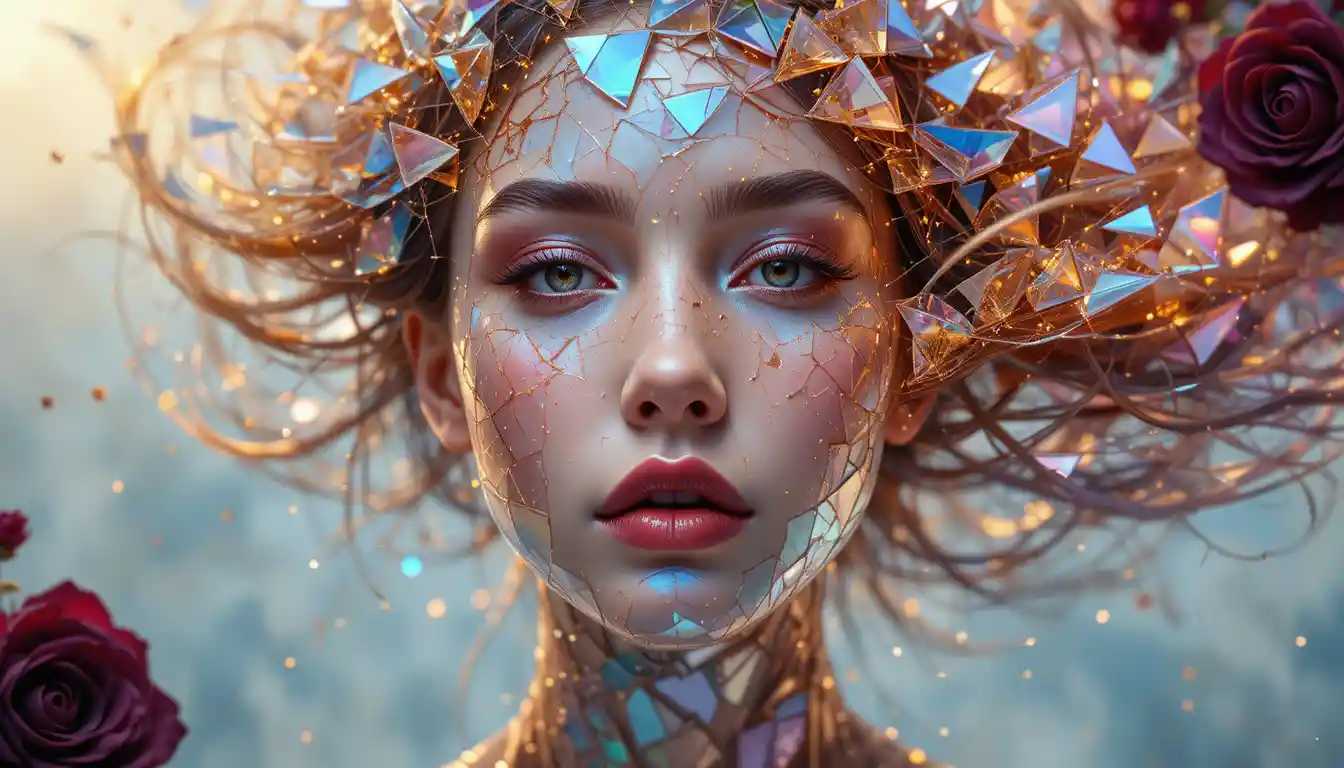 Woman face formed from swirling multicolored glass shards