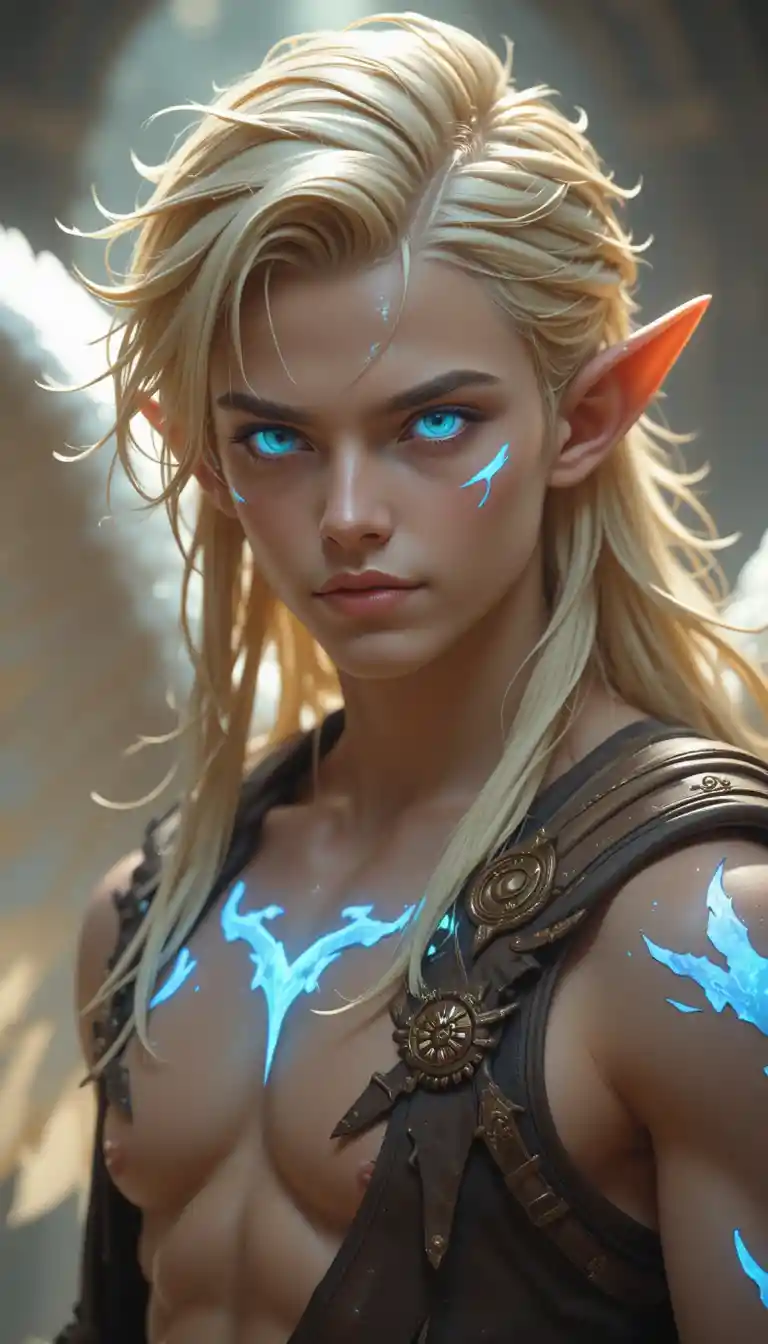Young angelic warrior with glowing blue eyes and wings