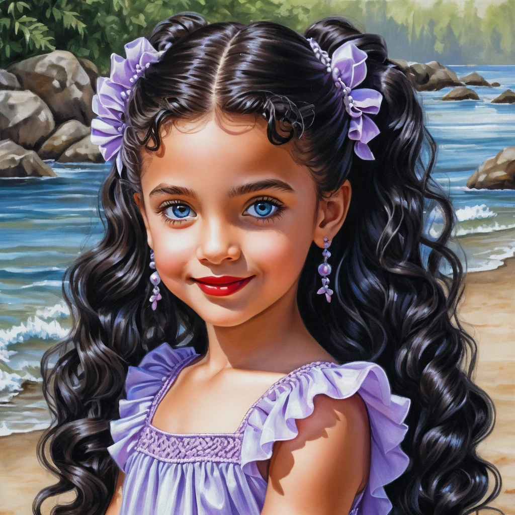 Cheerful young girl in lavender dress with long curly hair