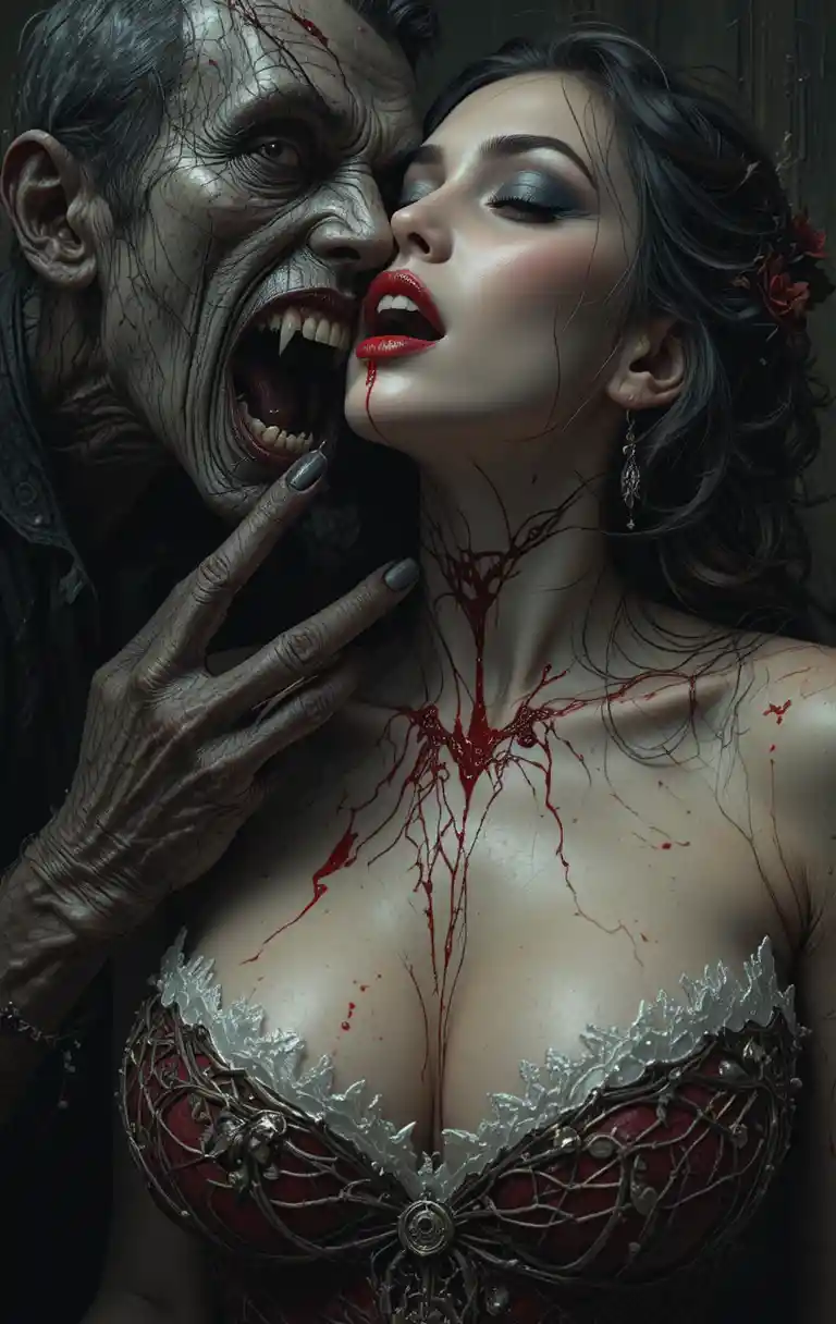 Vampire Biting A Woman’s Neck In A Dark Scene