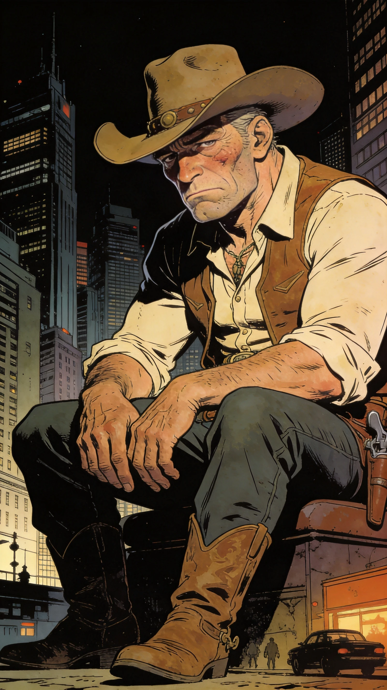 Giant cowboy seated in a moody modern cityscape illustration