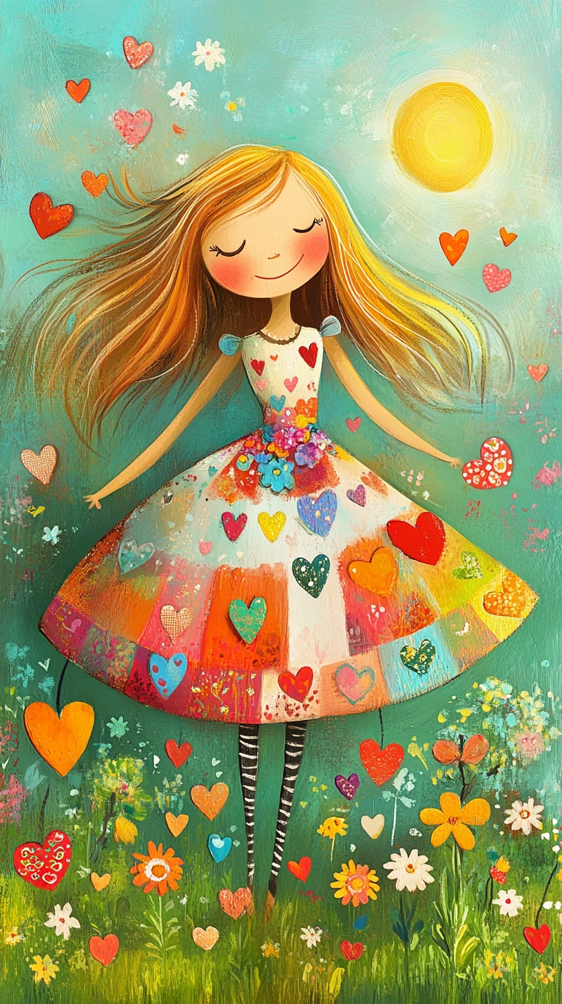 Smiling girl twirling in a heart patterned folk art garden