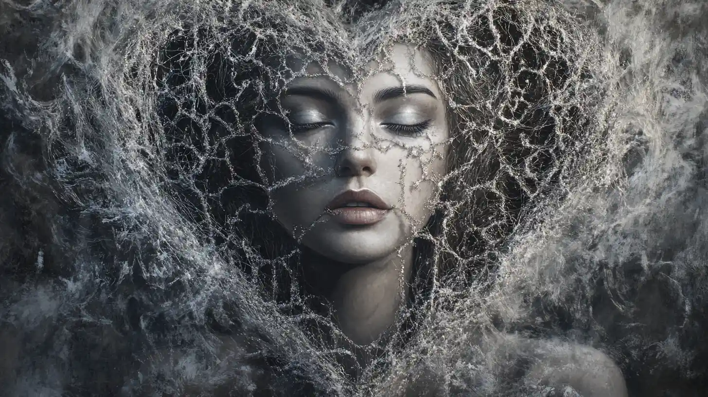 Embroidered mystical woman face in a glowing heart lattice