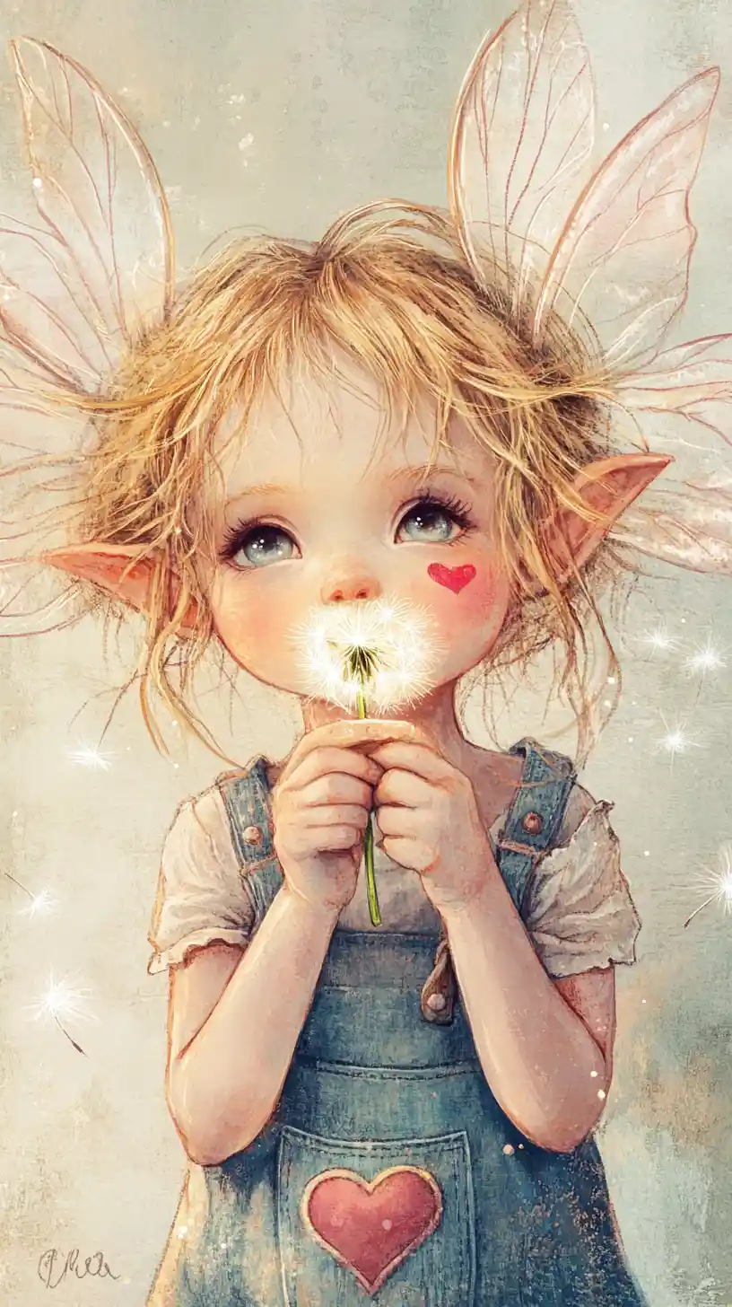 Tiny fairy child blowing glowing dandelion seeds in pastel art