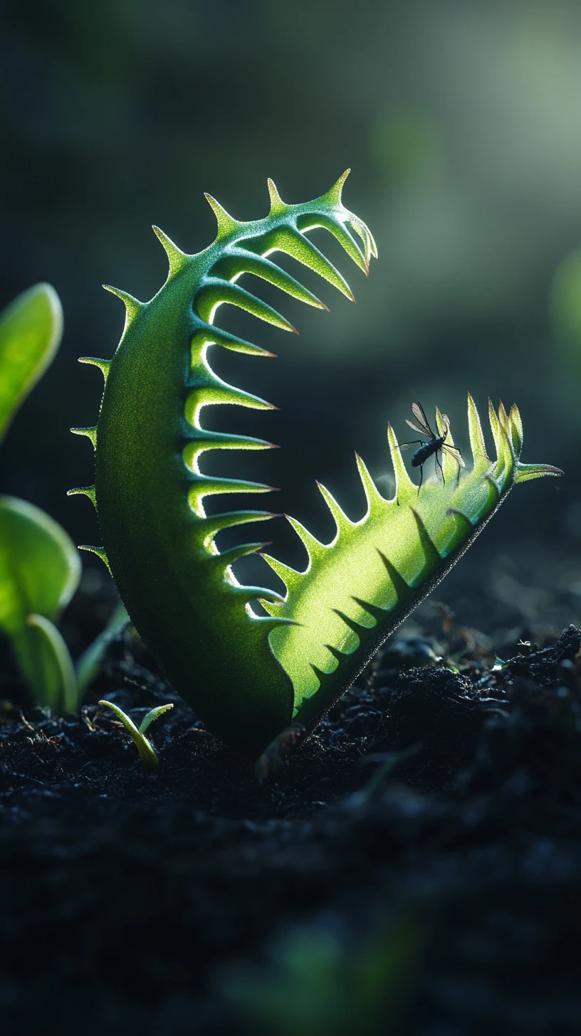 Venus flytrap capturing insect in glowing fantasy illustration