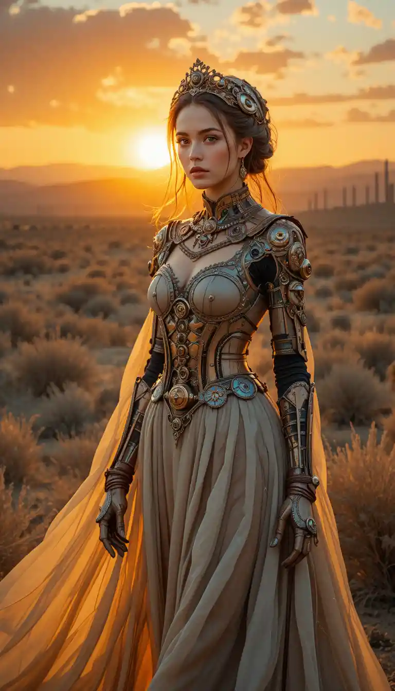 Clockwork princess standing in a desert at warm sunset