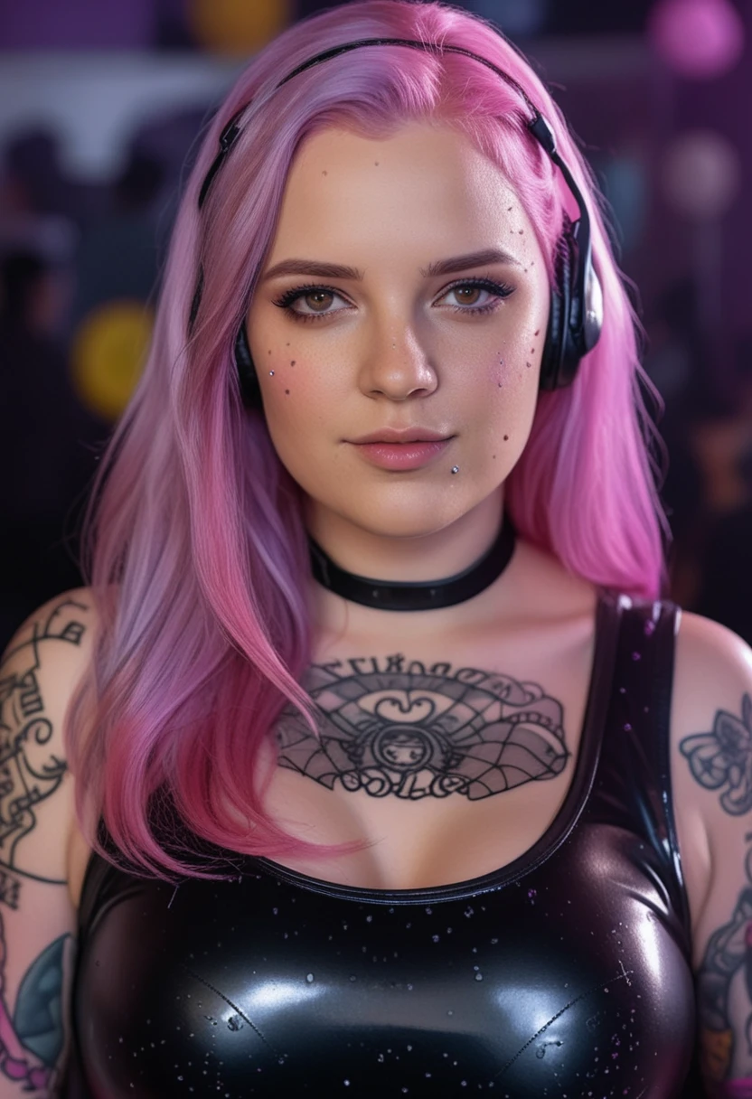 Curvy woman DJ mixing at a vibrant nightclub party