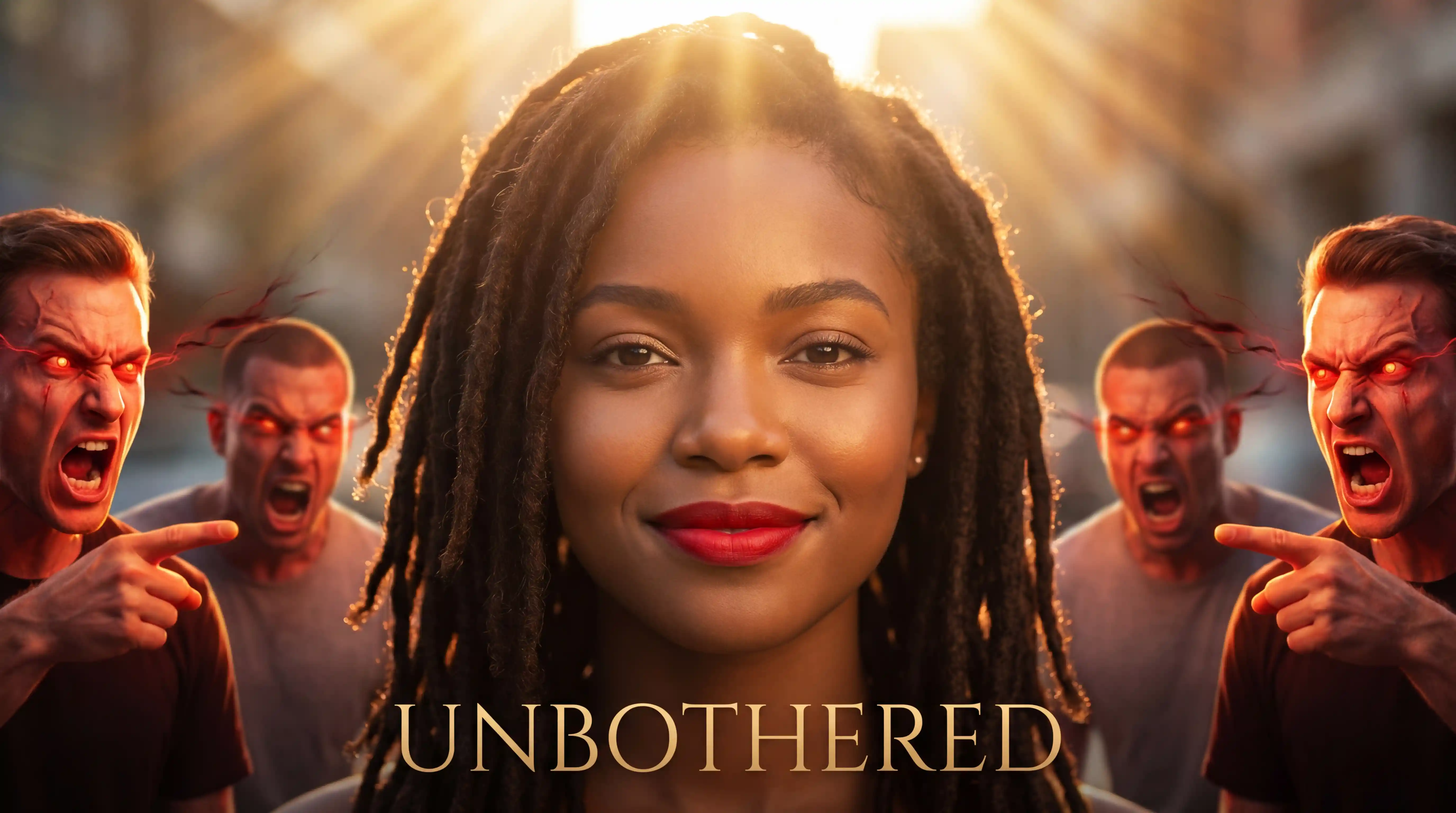 Calm woman in golden light surrounded by angry faces