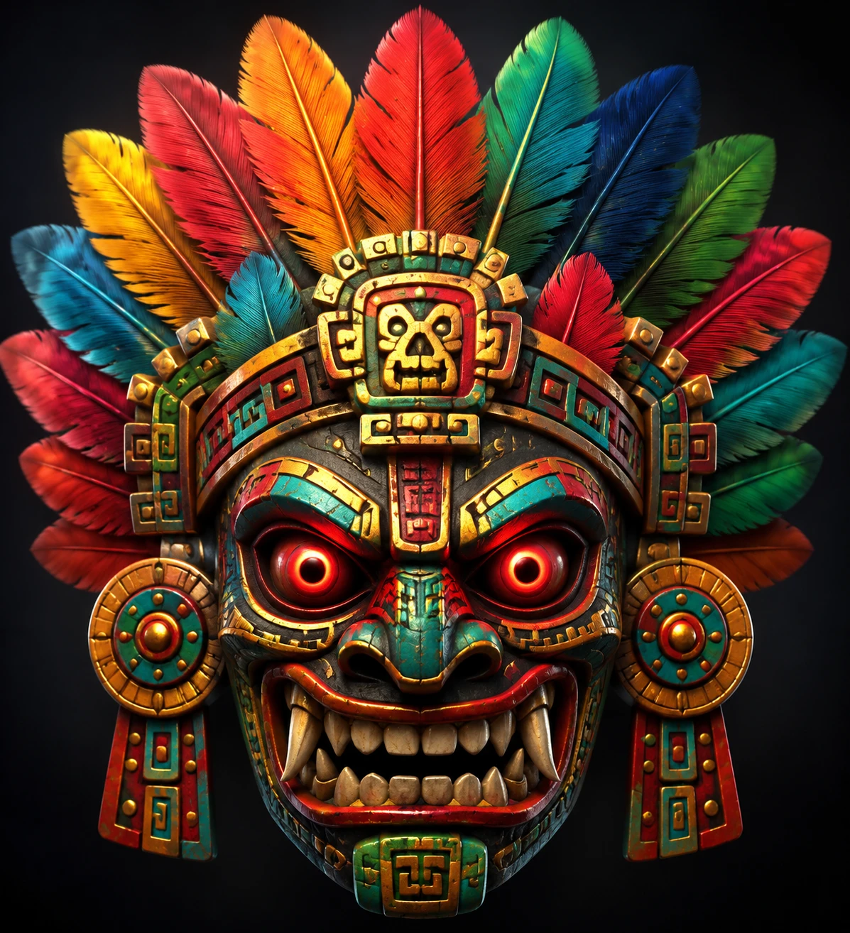 Colorful 3D Aztec Mask With Demonic Red Eyes And Grin