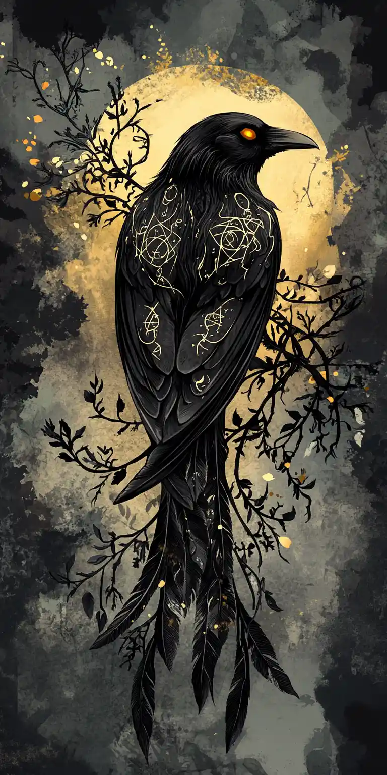 Mystical Raven With Runes And Thorn Filigree Illustration