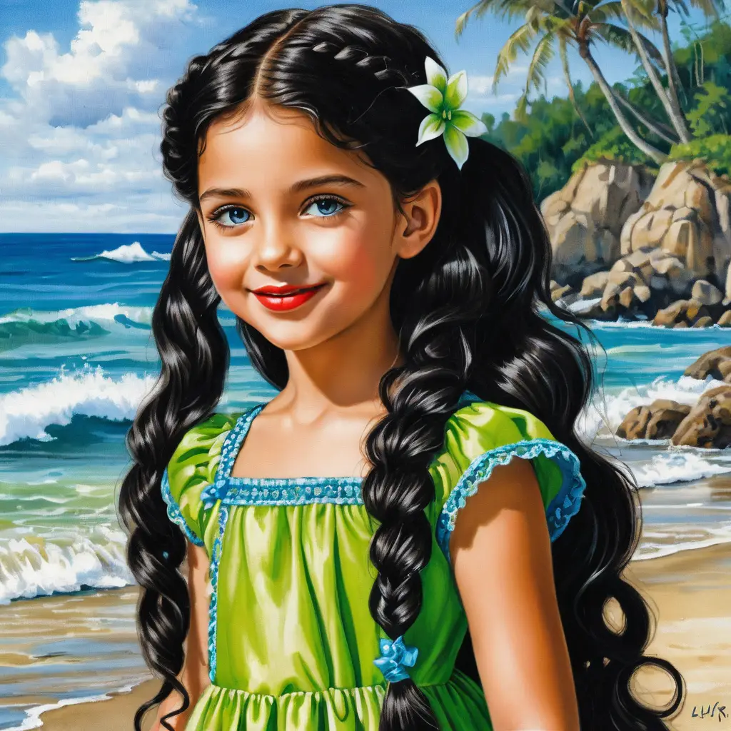 Smiling girl with long braided hair in lime green dress