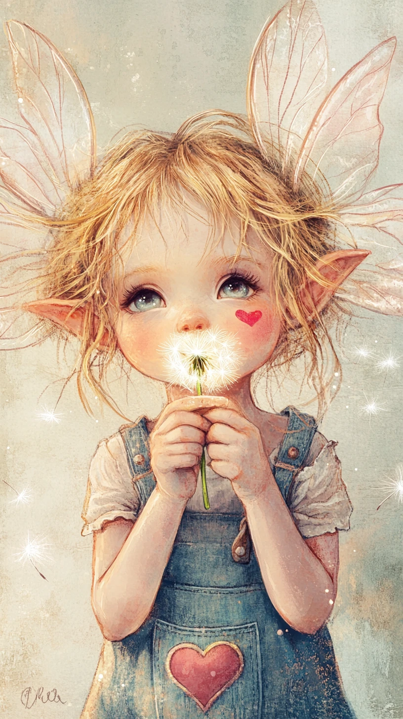 Tiny fairy child blowing glowing dandelion seeds in pastel art